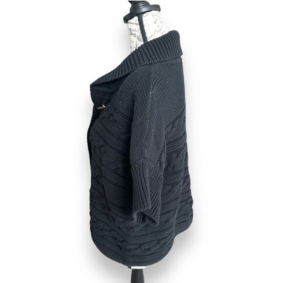 Talbots Black Button Chunky Cable Knit Short Dolman Sleeve Sweater XL Petite - Picture 2 of 6